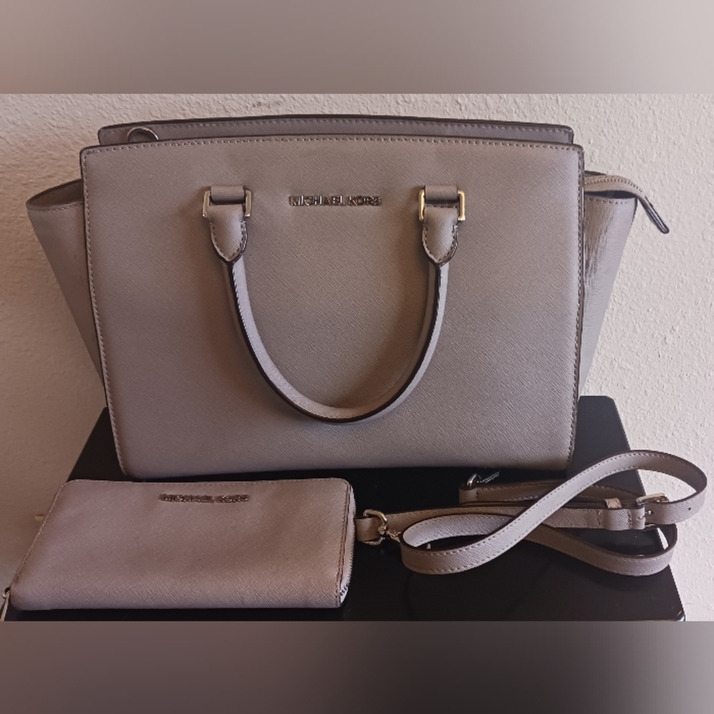 Michael Kors Medium Saffiano Leather Satchel Grey w/ Wallet, Crossbody, Dust Bag